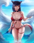  1girl ahri animal_ears ball bangs beachball bikini black_hair breasts breasts_apart day facial_mark fox_ears fox_tail highres large_breasts league_of_legends long_hair looking_at_viewer mcdobo multiple_tails navel o-ring o-ring_bikini outdoors pool_party_(league_of_legends) red_bikini solo standing swept_bangs swimsuit tail water whisker_markings yellow_eyes 