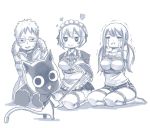  2boys 2girls blush bound breasts cat closed_eyes collarbone crying fairy_tail fish glasses hair_between_eyes happy_(fairy_tail) heart heart-shaped_pupils jacket loke_(fairy_tail) lucy_heartfilia maid maid_headdress mashima_hiro monochrome multiple_boys multiple_girls official_art pants seiza shirt short_hair shorts simple_background sitting smile sweat symbol-shaped_pupils thighhighs twintails virgo_(fairy_tail) white_background 