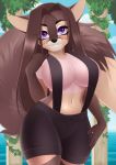  2020 anthro black_nose blue_eyes breasts brown_body brown_fur brown_hair canid canine dannyckoo female fox fur hair hi_res kinuli looking_at_viewer mammal outside smile solo water 