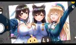  2others 3girls :d ^_^ absurdres atago_(azur_lane) atago_(blue_oath) atago_(kantai_collection) azur_lane bangs beret black_hair blonde_hair blue_headwear blue_oath blush breasts buttons cleavage closed_eyes commentary_request crossover eyebrows_visible_through_hair failure_penguin hair_between_eyes hat highres kagiyama_(clave) kantai_collection large_breasts long_hair looking_at_viewer manjuu_(azur_lane) military military_uniform mole mole_under_eye multiple_crossover multiple_girls multiple_others namesake open_mouth red_eyes self_shot sidelocks simple_background smile standing uniform upper_body white_background yellow_eyes |d 