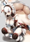  1girl belt blush boots breasts brown_gloves brown_legwear cleavage commentary_request covered_nipples elbow_gloves fur fur_trim gloves grey_background hairband head_out_of_frame highres horns kirin_(armor) large_breasts looking_at_viewer monster_hunter multiple_views navel pink_eyes reido1177 single_horn squatting stomach underboob white_hair 