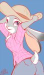  2016 anthro blue_background clothed clothing disney female fully_clothed fur grey_body grey_fur hat headgear headwear judy_hopps koya10305 lagomorph leporid looking_at_viewer looking_back mammal open_mouth open_smile rabbit shirt simple_background smile solo topwear zootopia 