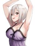  1girl :d armpits arms_up bangs black_ribbon blush breasts brown_eyes camisole cleavage collarbone eyebrows_visible_through_hair heart heart_necklace idolmaster idolmaster_cinderella_girls kurowan lace_trim large_breasts looking_at_viewer open_mouth ribbon shiomi_shuuko short_hair silver_hair simple_background smile solo upper_body white_background 