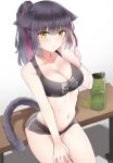  1girl animal_ears arknights bare_arms bare_shoulders bench black_hair black_shirt black_shorts bottle breasts breath cat_ears cat_girl cat_tail cleavage clothes_writing collarbone crop_top dolphin_shorts floppy_ears frown green_eyes grey_background groin hand_up heavy_breathing highres jessica_(arknights) kongthegrain long_hair looking_at_viewer medium_breasts midriff multicolored_hair navel pink_hair ponytail red_hair shirt short_shorts shorts sitting sleeveless sleeveless_shirt solo sports_bra stomach sweat tail thighs towel two-tone_hair water_bottle 
