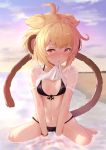  1girl ahoge andira_(granblue_fantasy) animal_ears beach bikini black_bikini blonde_hair blush breasts erune front-tie_bikini front-tie_top full_body granblue_fantasy highres kimblee lifted_by_self looking_at_viewer medium_hair monkey_ears monkey_tail mouth_hold navel ocean outdoors red_eyes shirt shirt_lift sitting small_breasts solo summer swimsuit tail v_arms wet wet_clothes wet_shirt white_shirt 