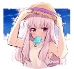  1girl alternate_costume fire_emblem fire_emblem:_three_houses food hands_on_headwear hat long_hair lowres lysithea_von_ordelia naho_(pi988y) pink_eyes popsicle solo straw_hat twitter_username upper_body white_hair 