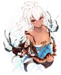  1girl black_legwear blue_dress blush breasts cleavage collarbone commentary_request dark_skin dress from_above granblue_fantasy highres long_hair medium_breasts purple_eyes short_dress solo sword thighhighs venomrobo weapon white_background white_hair zooey_(granblue_fantasy) 