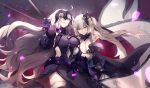  2girls ahoge armor armored_dress bangs bare_shoulders black_gloves breasts character_request cleavage eyebrows_visible_through_hair fate/grand_order fate_(series) gloves holding holding_sword holding_weapon jeanne_d&#039;arc_(alter)_(fate) jeanne_d&#039;arc_(fate)_(all) large_breasts long_hair looking_at_viewer multiple_girls navel no-kan parted_lips silver_hair smile sword teeth very_long_hair weapon yellow_eyes 