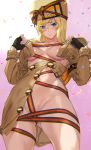  1girl ashiomi_masato ass_visible_through_thighs black_gloves blonde_hair blue_eyes blush breasts coat commentary_request confetti fingerless_gloves gloves guilty_gear guilty_gear_strive hair_between_eyes hat long_hair looking_at_viewer millia_rage naked_coat navel ribbon solo 
