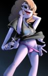  10:16 6_arms anthro arachnid arthropod clothing dire_straits exoskeleton female hair hair_over_eye hands_behind_head hi_res muffet multi_arm multi_limb one_eye_obstructed panties panty_pull purple_body purple_exoskeleton shirt solo spider tobitobi90 tongue tongue_out topwear undertale underwear video_games 