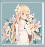  1girl absurdres bangs blonde_hair blunt_bangs dress flower hair_flower hair_ornament highres holding holding_flower leilin lily_(flower) long_hair looking_at_viewer maquia_(sayoasa) orange_eyes outdoors ribbon sayonara_no_asa_ni_yakusoku_no_hana_wo_kazarou smile solo standing upper_body white_dress white_ribbon 