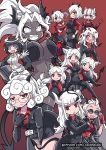  6+girls all_fours animal_ears arm_under_breasts azazel_(helltaker) bangs bare_arms beelzebub_(helltaker) big_hair black_hair black_horns black_miniskirt black_suit black_tail blue_eyes blunt_bangs blush boots bow bowtie breasts cerberus_(helltaker) choker cigarette closed_mouth colonel_aki crossed_arms dark_skin demon_girl demon_horns demon_tail dog_ears dog_girl eyebrows_visible_through_hair fang fang_out fingerless_gloves formal glasses gloves hair_over_one_eye halo heart heart-shaped_pupils helltaker holding holding_cigarette horns jacket jacket_on_shoulders judgement_(helltaker) justice_(helltaker) kneeling long_hair long_sleeves looking_at_viewer lucifer_(helltaker) malina_(helltaker) modeus_(helltaker) mouth_piercing multicolored_hair multiple_girls nose_blush open_clothes open_jacket open_mouth pandemonica_(helltaker) pant_suit pants pencil_skirt piercing red_eyes red_hair red_shirt ringed_eyes shirt short_hair short_sleeves sidelocks skirt smoke smoking stomach suit suit_jacket sunglasses sweater symbol-shaped_pupils tail triplets two-tone_hair vest watermark wavy_mouth web_address white_eyes white_hair white_horns wide-eyed zdrada_(helltaker) 
