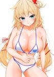  1girl akai_haato bangs bare_arms bare_shoulders bikini blonde_hair blue_bikini blue_eyes blush breasts cleavage collarbone commentary_request eyebrows_visible_through_hair hair_ornament hair_ribbon heart heart_hair_ornament heart_print hololive kokechan large_breasts long_hair looking_at_viewer one_side_up red_ribbon ribbon simple_background smile solo swimsuit virtual_youtuber white_background white_bikini 