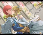  1boy 1girl ahoge alex_kellar artoria_pendragon_(all) bangs blonde_hair braid breasts bridal_veil bride church dress emiya_shirou eyebrows_visible_through_hair fate/stay_night fate_(series) french_braid frills green_eyes hair_between_eyes highres kiss orange_hair romance saber short_hair veil wedding wedding_dress white_dress 