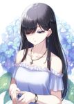  1girl bangs bare_shoulders black_hair blue_flower brown_eyes closed_mouth collarbone commentary_request dress earrings eyebrows_visible_through_hair eyeshadow flower frilled_dress frills gohei_(aoi_yuugure) hair_over_one_eye half-closed_eyes hands_together highres jewelry long_hair makeup off-shoulder_dress off_shoulder original own_hands_together pendant simple_background solo watch water_drop white_background white_dress wristwatch 