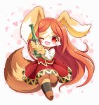  1girl :3 :d ;d animal_ears black_legwear blush bottle brown_fur brown_hair chantico_(fullbokko_heroes) commentary_request dog dog_ears dog_girl dog_tail eyebrows_visible_through_hair full_body fullbokko_heroes furry heart holding holding_bottle kneehighs long_hair long_sleeves looking_at_viewer neru_(neruneruru) no_hat no_headwear one_eye_closed open_mouth red_eyes simple_background smile solo standing tail two-tone_fur white_background white_fur 