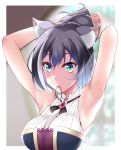  1girl armpits arms_up bangs black_hair blue_hair blurry blurry_background blush border breasts closed_mouth depth_of_field eyebrows_visible_through_hair fukunaga_yukito gradient_hair green_eyes hair_tie hairdressing karyl_(princess_connect!) looking_at_viewer medium_breasts mouth_hold multicolored_hair outside_border ponytail princess_connect! princess_connect!_re:dive short_hair sleeveless smile solo streaked_hair tying_hair upper_body white_border white_hair 