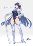  1girl absurdres alternate_costume bangs black_hair black_leotard blue_legwear boots breasts brown_eyes commentary_request covered_navel frown full_body game_console headphones highres holding katana kill_la_kill kiryuuin_satsuki large_breasts leotard long_hair looking_at_viewer personification playstation_5 signature simple_background solo sword thigh_boots thighhighs weapon white_background white_legwear zhoumo_fangjia 