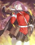  1girl bag bandage_over_one_eye belt between_breasts breasts chi- cowboy_shot fate/grand_order fate_(series) fire florence_nightingale_(fate/grand_order) gloves highres jacket_on_shoulders large_breasts long_hair pink_hair pleated_skirt red_eyes satchel skirt strap_between_breasts white_gloves 