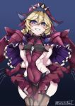  1girl black_legwear blonde_hair blue_eyes blush braid breasts carol_malus_dienheim elbow_gloves funkysatou garter_straps gloves hat long_hair looking_at_viewer mole mole_under_eye parted_lips pauldrons senki_zesshou_symphogear shiny shiny_hair shiny_skin shoulder_armor side_cutout sideless_outfit skindentation skirt small_breasts smile solo standing thighhighs thighs 