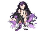  1girl bandages bandaid bandaid_on_stomach bangs black_hair boots breasts damaged eyepatch full_body girls_frontline gloves gradient gradient_legwear gun hair_between_eyes holding holding_gun holding_weapon kac-pdw kac-pdw_(girls_frontline) long_hair looking_at_viewer multicolored_hair navel official_art open_mouth purple_eyes purple_gloves purple_hair purple_legwear scope shanyao_jiang_tororo shoes sitting sleeveless small_breasts sneakers solo stomach submachine_gun thighhighs thighs torn_clothes torn_legwear transparent_background trigger_discipline very_long_hair weapon white_eyepatch white_footwear 