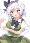 1girl absurdres bow breasts cherry_blossoms collared_shirt eyebrows_visible_through_hair fang green_eyes hair_bow heart highres konpaku_youmu konpaku_youmu_(ghost) medium_breasts nenobi_(nenorium) open_mouth pleated_skirt shirt signature skirt smile touhou vest white_hair 