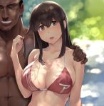  1boy 1girl :d akagi_(kantai_collection) arm_around_shoulder bangs bikini blurry blurry_background blush breasts brown_eyes brown_hair cleavage collarbone commentary_request dappled_sunlight dark_skin dark_skinned_male depth_of_field highres kantai_collection large_breasts long_hair looking_at_viewer macho_admiral_(wa_(genryusui)) open_mouth outdoors playing_with_own_hair red_bikini shade smile sunlight swimsuit upper_body wa_(genryusui) 
