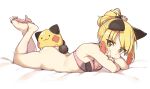  1girl armpits ass bare_shoulders blonde_girl_(cloba) blonde_hair bra cloba creature hair_ears highres long_hair looking_at_viewer lying on_stomach original panties panties_around_feet pink_bra pink_panties solo the_pose underwear underwear_only v-shaped_eyebrows yellow_eyes 