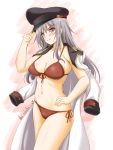  1girl akimoto_dai bikini black_headwear breasts cleavage commentary_request cowboy_shot dated facial_scar front-tie_top gangut_(kantai_collection) grey_hair hand_on_hip hat highres jacket_on_shoulders kantai_collection large_breasts long_hair orange_eyes peaked_cap red_bikini remodel_(kantai_collection) scar scar_on_cheek side-tie_bikini solo standing swimsuit twitter_username 