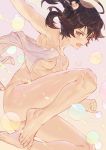  1girl araragi_karen armpits barefoot black_hair blush breasts brown_eyes bubble egg_hair_ornament feet food_themed_hair_ornament hair_ornament highres hong jumping long_hair looking_at_viewer monogatari_(series) nisemonogatari nude open_mouth solo towel 