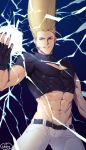  1boy abs blonde_hair blue_eyes crop_top earrings electricity fingerless_gloves gloves grin highres jewelry midriff murata_tefu nikaidou_benimaru pompadour smile the_king_of_fighters 