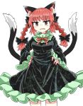  animal_ears black_bow black_dress black_tail bow braid cat_ears cat_tail chups cowboy_shot dress extra_ears eyebrows_visible_through_hair fang frilled_dress frilled_skirt frilled_sleeves frills green_frills hands_on_hips highres kaenbyou_rin looking_at_viewer multiple_tails red_eyes red_hair red_nails red_neckwear simple_background skirt tail touhou twin_braids two_tails white_background 