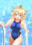  1girl :d artist_name blonde_hair blue_eyes blue_swimsuit blush breasts collarbone colorado_(kantai_collection) competition_swimsuit covered_nipples cowboy_shot dated eyebrows_visible_through_hair garrison_cap grey_headwear hat headgear kantai_collection large_breasts mokerou one-piece_swimsuit open_mouth pool short_hair signature smile solo sparkle swimsuit water 