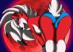  anthro bent_over bracelet clothed clothing female hand_on_hip jewelry lycanroc midnight_lycanroc nintendo pok&eacute;mon pok&eacute;mon_(species) presenting red_eyes solo topless underwear video_games xiongshan 