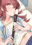  1girl 92m bangs blue_jacket blush brown_eyes brown_hair checkered_jacket clothes_writing collarbone commentary_request denim eyebrows_visible_through_hair flute hair_between_eyes highres holding holding_instrument idolmaster idolmaster_shiny_colors indoors instrument jacket komiya_kaho long_hair looking_at_viewer lying multicolored multicolored_clothes multicolored_jacket navel on_back pillow shirt shirt_lift short_sleeves shorts sidelocks solo sweat tongue tongue_out upper_body white_shirt 