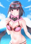  1girl absurdres artist_request bangs bare_shoulders bikini black_hair blue_sky blush breasts cleavage fate/grand_order fate_(series) food goggles goggles_on_head highres large_breasts long_hair looking_at_viewer low_twintails navel ocean open_mouth osakabe-hime_(fate/grand_order) osakabe-hime_(swimsuit_archer)_(fate) pink_bikini pink_eyes pink_scarf popsicle scarf ski_goggles sky swimsuit twintails 