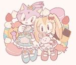  2girls :d animal_ears black_eyes blaze_the_cat blue_bow blush_stickers bow buke-baisen bunny bunny_ears bunny_girl bunny_tail candy cat cat_ears cat_girl cat_tail commentary_request cookie cream_the_rabbit food forehead_jewel fruit gloves hair_bow holding holding_stuffed_animal macaron multiple_girls open_mouth purple_fur red_bow simple_background smile sock_bow sonic_the_hedgehog standing strawberry stuffed_animal stuffed_bunny stuffed_toy tail white_gloves yellow_fur 