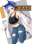  1girl blue_eyes blue_hair blue_hairband blue_pants breasts bubble_blowing chaesu character_name chewing_gum crop_top crop_top_overhang denim hair_bun hairband highres jacket jeans looking_at_viewer medium_breasts messy_hair midriff minah_(chaesu) navel open_clothes open_jacket original oversized_clothes pants print_shirt shirt shoes sideboob slender_waist sneakers solo torn_clothes torn_jeans torn_pants updo white_jacket 