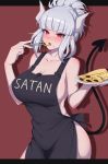  1girl absurdres apron blush breasts cleavage demon_girl demon_horns demon_tail eyebrows_visible_through_hair food food_on_face fork helltaker highres horns looking_at_viewer lucifer_(helltaker) mole mole_under_eye naked_apron open_mouth pancake plate ponytail red_eyes rubewe shadow silver_hair solo tail 