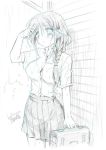  1girl adjusting_hair braid breasts collared_shirt commentary_request copyright_request dated eyebrows_visible_through_hair graphite_(medium) greyscale hair_between_eyes long_hair looking_at_viewer mechanical_pencil medium_breasts monochrome outdoors pencil pleated_skirt rain ryuuga_shou shirt short_sleeves signature single_braid skirt solo suitcase traditional_media wet 
