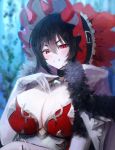  1girl black_choker black_hair bonnet breasts choker cleavage elbow_gloves fang gloves hair_between_eyes highres ilya_(princess_connect!) large_breasts looking_at_viewer princess_connect! princess_connect!_re:dive red_eyes solo sonchi upper_body white_gloves 
