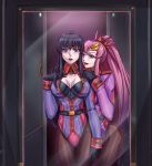  2girls black_hair blue_eyes breasts cleavage commentary_request corruption dark_persona eyebrows_visible_through_hair gloves gundam gundam_00 gundam_seed gundam_seed_destiny hand_on_own_chest highres lacus_clyne leebigtree long_ponytail marina_ismail mirror multiple_girls open_mouth pink_hair reflection tied_hair 
