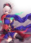  1girl absurdres apicium asymmetrical_hair black_legwear blue_eyes blue_kimono breasts cleavage detached_sleeves dual_wielding earrings fate/grand_order fate_(series) gradient gradient_background hair_ornament highres holding japanese_clothes jewelry katana kimono large_breasts leaf_print maple_leaf_print miyamoto_musashi_(fate/grand_order) navel_cutout obi pink_hair ponytail sandals sash sheath sheathed sleeveless sleeveless_kimono solo sword thighhighs weapon wide_sleeves 