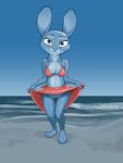  2020 3:4 anthro beach breasts clothed clothing clothing_lift disney female flashing fur genitals judy_hopps lagomorph leporid looking_at_viewer mammal outside pussy rabbit sand sea seaside sky smile solo standing tggeko water zootopia 