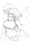  1girl belt cape covered_mouth covered_nipples cross_goli eyebrows_visible_through_hair gloves greyscale hatching_(texture) highres mask monochrome monster mouth_mask navel open_mouth original short_hair sketch skull traditional_media weapon weapon_on_back 