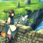  bangs bird black_footwear boots chorefuji cloak cloud day feathers grass hairband holding original pointing rock shiny shiny_hair sky smile solo standing stone_floor stone_wall wall white_bird yellow_hairband 