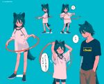  /\/\/\ 1boy 1girl :3 :o ^_^ animal_ears antenna_hair aqua_background aqua_hair arms_behind_head arms_up backlighting bangs bike_shorts blush blush_stickers brother_and_sister cat_boy cat_ears cat_girl cat_tail chibi clenched_hands closed_eyes closed_mouth collarbone contrapposto cowboy_shot dot_nose expressionless eyebrows from_side full_body hair_between_eyes hands_in_pockets hands_up happy highres holding hoop hula_hoop long_hair looking_at_another looking_down looking_to_the_side loose_clothes loose_shirt motion_lines multiple_views muted_color navy_blue_shirt niwabuki no_nose noshime_ruka open_mouth original parted_lips raglan_sleeves red_eyes satonaka_kei see-through_silhouette shirt shoes short_sleeves siblings signature simple_background sleeves_past_elbows socks speech_bubble standing t-shirt tail tareme translation_request white_shirt |d 