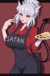  1girl absurdres apron black_apron black_background black_tail blush breasts demon_girl demon_horns demon_tail eating eyebrows_visible_through_hair food gloves helltaker highres holding holding_plate horns huge_breasts long_hair looking_at_viewer lucifer_(helltaker) mole mole_under_eye pancake plate red_background red_eyes red_shirt rubewe shirt solo tail two-tone_background white_hair white_horns 