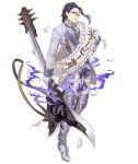  1boy asymmetrical_bangs bangs electric_guitar feather_trim feathers formal full_body furrowed_eyebrows glasses gloves guitar hair_slicked_back hameln_(sinoalice) instrument ji_no necktie official_art purple_hair red_eyes sinoalice solo suit transparent_background white_gloves 