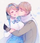  1boy 1girl antay6oo9 axis_powers_hetalia blonde_hair buttons cheek_kiss closed_eyes coat collared_shirt eyebrows_visible_through_hair gloves hair_ornament hairband hairclip hetero highres hug kiss open_mouth overalls russia_(hetalia) scarf shirt short_hair smile ukraine_(hetalia) 